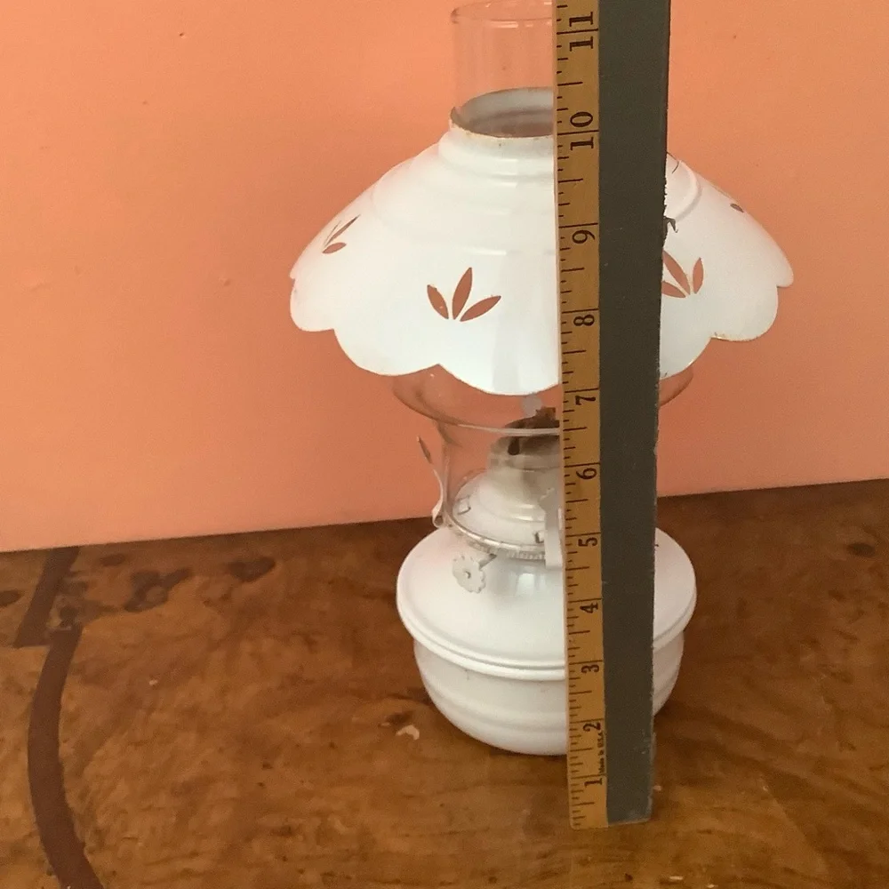 Vintage Lamplight Farms Metal Oil Lamp Punched Flowers Tin Shade Glass Chimney
